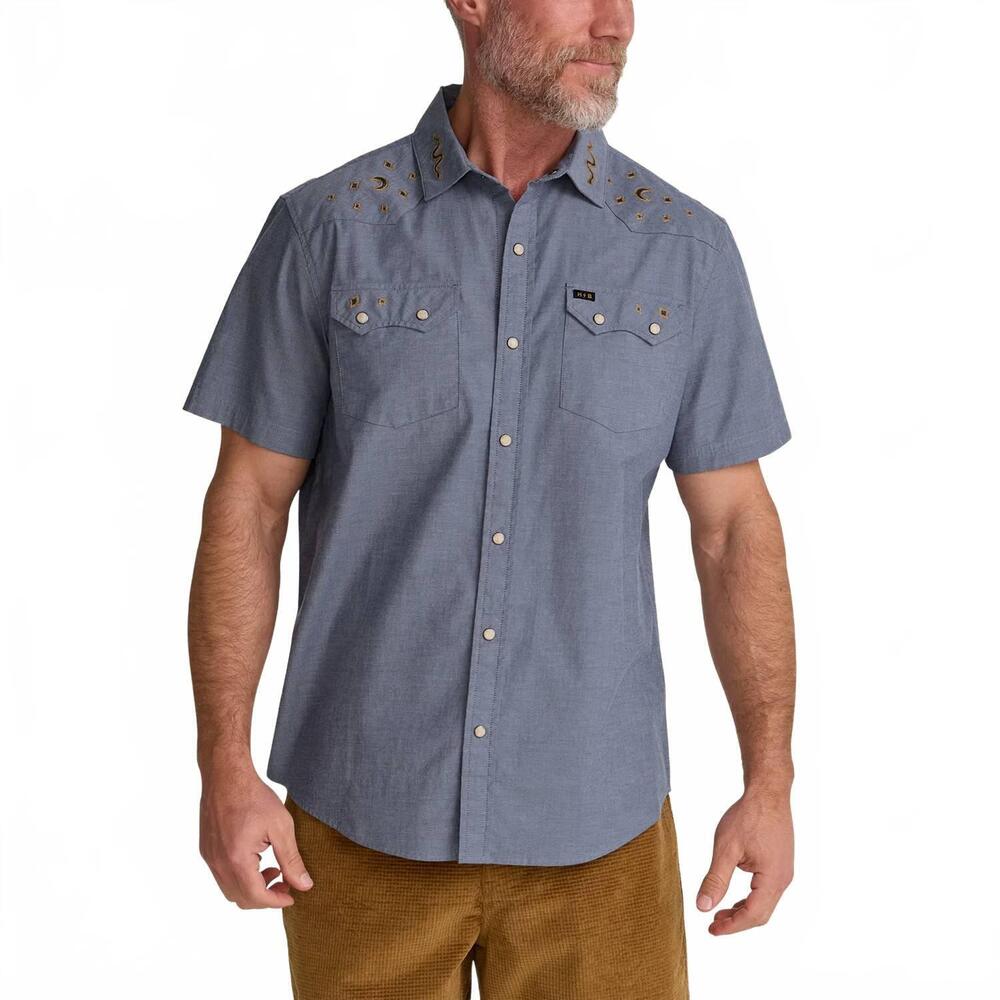 NEW HOWLER BROTHERS crosscut deluxe short sleeve shirt in indigo chambray